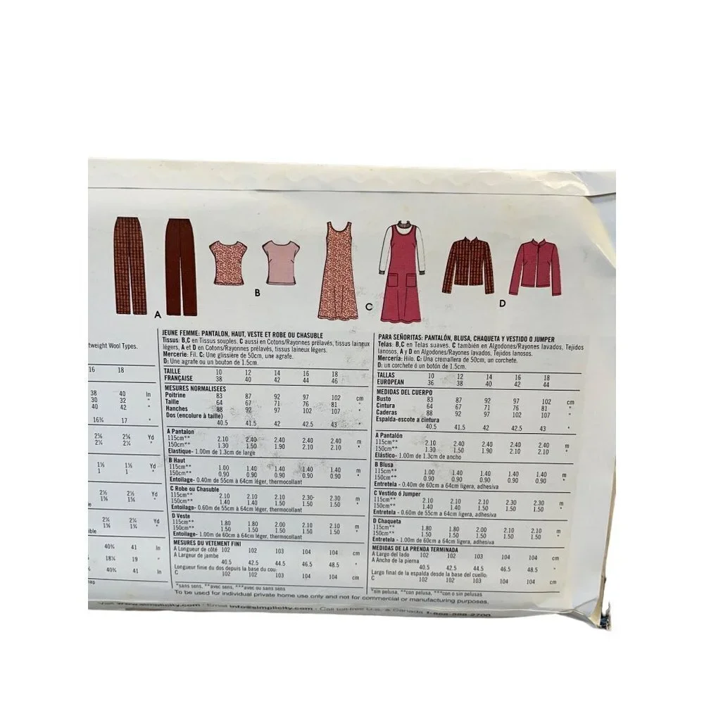 Simplicity‎ Sewing Pattern 3630 Dress Jumper Pants Jacket Top Misses Size 10-18